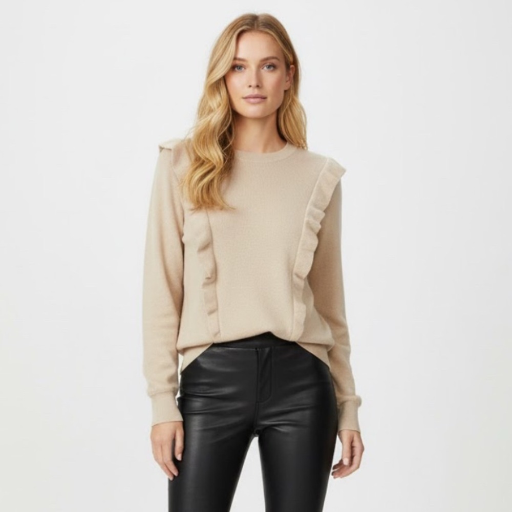 Chloé Beige Wool Blend Knit Ribbed Ruffle Sweater Crew Neck Tan Size Medium